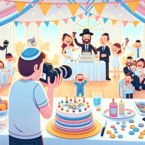 צלם מקצועי מתעד טקס ברית מילה בישראל, תוך כדי שחוגגת סביבו משפחה שמחה, עם מגנטים צבעוניים על השולחן. תמונה המשקפת אווירה חגיגית וחיפוש אחר צלם לברית במחיר משתלם.