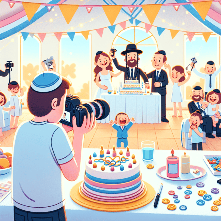צלם מקצועי מתעד טקס ברית מילה בישראל, תוך כדי שחוגגת סביבו משפחה שמחה, עם מגנטים צבעוניים על השולחן. תמונה המשקפת אווירה חגיגית וחיפוש אחר צלם לברית במחיר משתלם.
