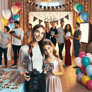 צלם מגנטים מקצועי מצלם נערה חוגגת בת מצווה עם משפחתה וחבריה באולם אירועים מקושט, תוך שחוגגים מחזיקים מגנטים צבעוניים למזכרת ונהנים מהאווירה המיוחדת של חגיגת בת המצווה.