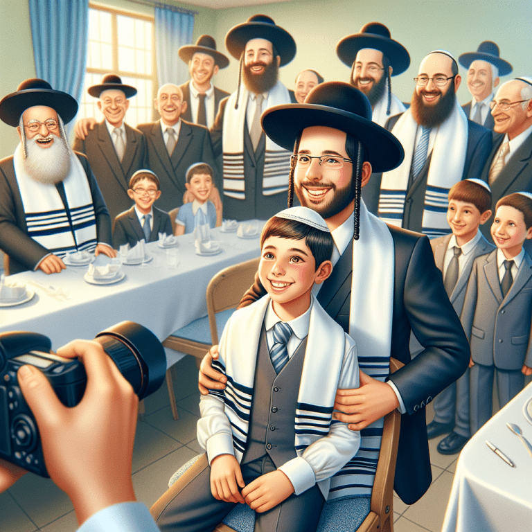 צלם חרדי מקצועי מצלם נער בר מצווה עם כיפה וטילת, מוקף במשפחה חרדית באולם אירועים בירושלים, צילום אמנותי הממחיש את החשיבות בבחירת צלם לבר מצווה במגזר החרדי.