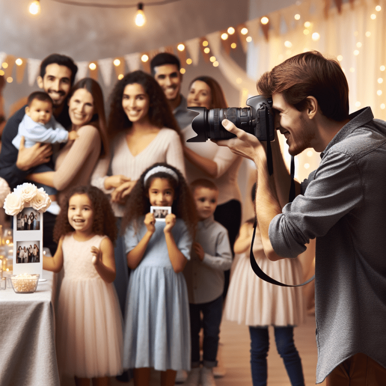 צלם לאירועים קטנים מצלם משפחות, זוגות וילדים בחגיגה אינטימית עם עמדת מגנטים ברקע – תמונה צבעונית המתעדת רגעים מרגשים מאירוע קטן, מושלם לכתבה על טיפים לבחירת צלם לאירועים קטנים, ליום הולדת או לצילום זוגיות.