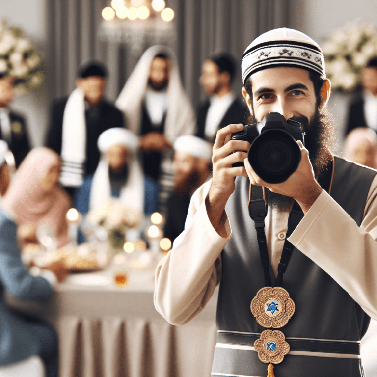 צלם דתי מקצועי מצלם אירוע דתי עם אורחים בלבוש מסורתי, מדגיש יחס מכבד ומקצועיות לצילום אירועים דתיים
