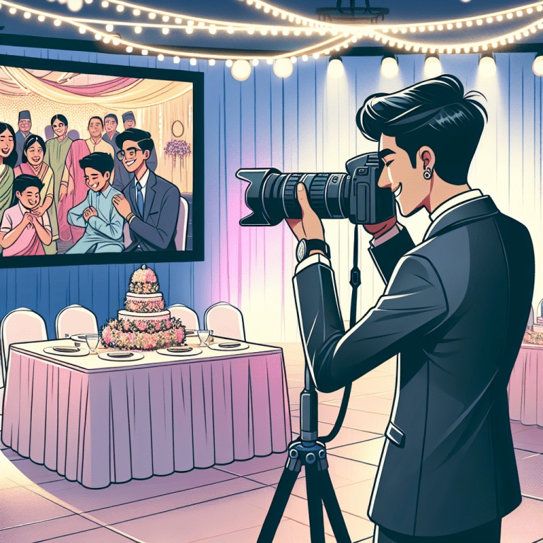צלם לבר מצווה מצלם נער באולם אירועים מקושט, לצידו מסך וידאו שמציג קליפ קצר ומושקע, כשמשפחה ואורחים נהנים מהחגיגה.