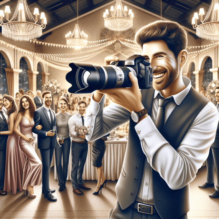 מיכאל הצלם מצלם אורחים מחייכים באירוע חגיגי, עם מצלמה מקצועית ואווירת שמחה – מייצג את היתרונות והשירות המקצועי של מיכאל הצלם