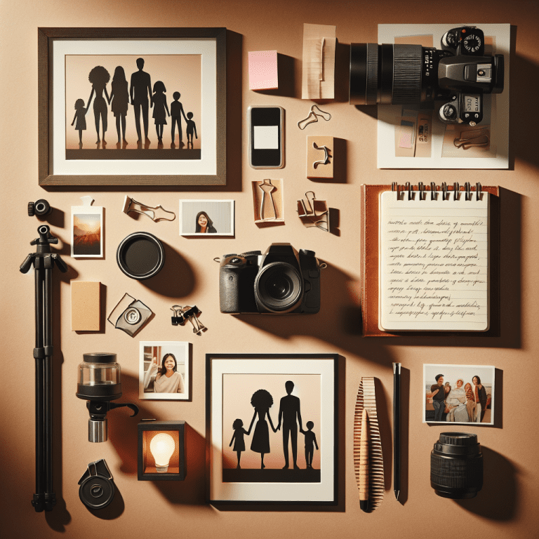 ציוד צילום מקצועי, מסגרות תמונה עם איורי משפחה בסגנון כללי, ואביזרי צילום על רקע חמים – המחשה למדריך איכותי לצילום משפחתי
