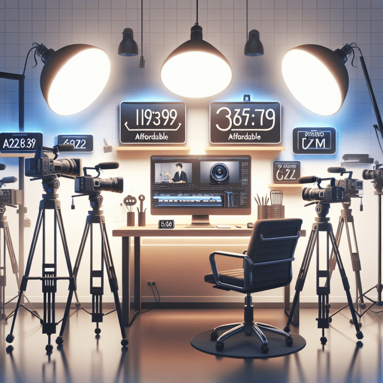ציוד צילום וידאו מקצועי על שולחן בסטודיו מודרני, עם תגי מחיר המסמלים אפשרויות זולות לבחירת צלם וידאו זול, לאנשים המחפשים איכות ומחיר משתלם