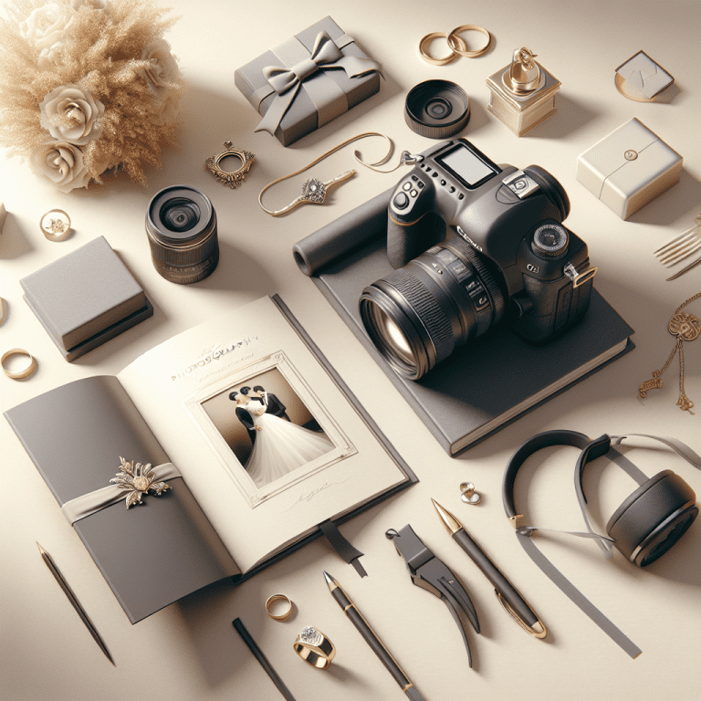 ציוד צילום מקצועי, אלבום חתונה פתוח וטבעת נישואין, מונחים על רקע אלגנטי ומואר, ממחישים את נושא בחירת צלם חתונות דתי איכותי ואמין