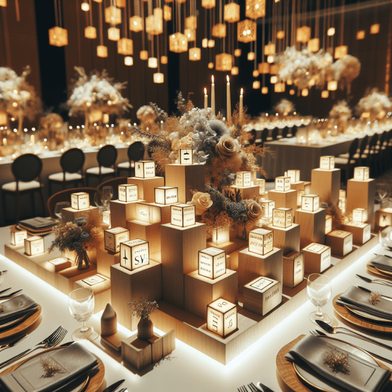 בלוקים מעץ לאירועים עם חריטות אישיות על שולחן מעוצב, מוקפים בקישוטים חגיגיים, להמחשת שדרוג ועיצוב מקורי לאירועים