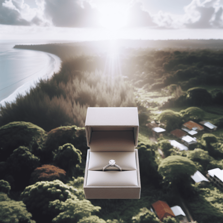 צילום טבעת אירוסין יוקרתית בקופסה פתוחה על רקע נוף טבעי מצולם מלמעלה, בהשראת צילומי רחפן, מושלם למאמר על צילום הצעת נישואין עם צלם רחפן מקצועי.