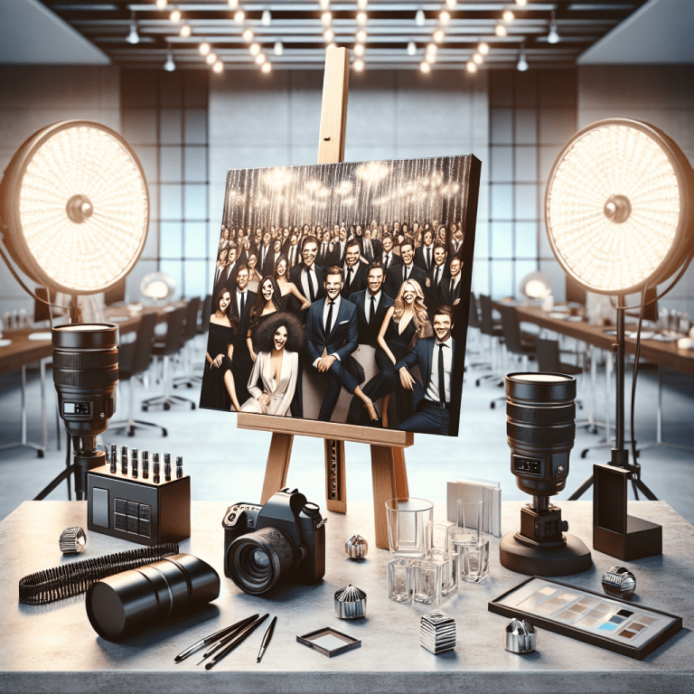 צילום קבוצתי מקצועי של קבוצה מחויכת בלבוש עסקי מודרני מוצג על קנבס, מוקף בציוד צילום מקצועי, להמחשת היתרונות שבצילום קבוצתי עם מיכאל הצלם באירועים.