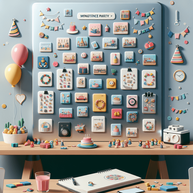 מבחר מגנטים מעוצבים ומותאמים אישית לאירוע קטן מוצגים על שולחן מסיבה, עם בלונים וקישוטים, להמחשת רעיונות למגנטים לאירועים קטנים