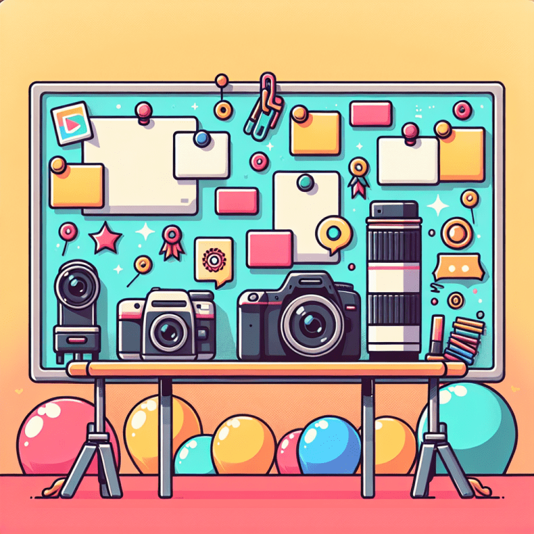 מגנטים עם תמונות צבעוניות ומעוצבות של אירועים, עדשת מצלמה מקצועית ומצלמה דיגיטלית מונחות ליד לוח מגנטים, ברקע קישוטי מסיבה, מייצג את שירותי צלם המגנטים של מיכאל הצלם