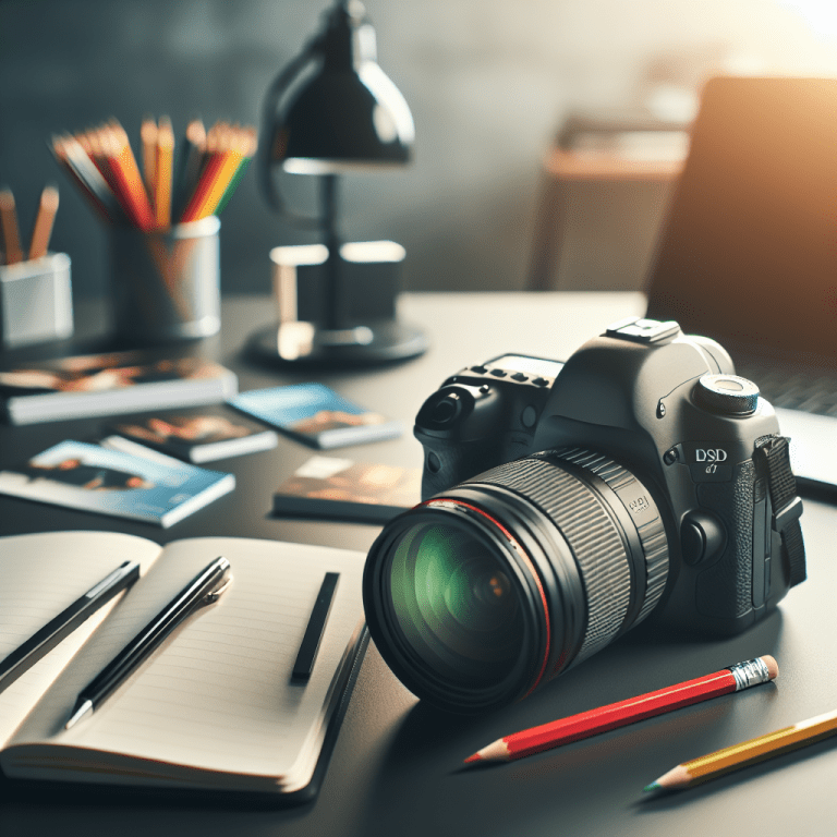 מצלמת DSLR מקצועית מונחת על שולחן עבודה מודרני לצד מחברת, לפטופ וכרטיסי ביקור – מסמל השוואה ובחירת צלם סטילס זול ואמין באזורכם