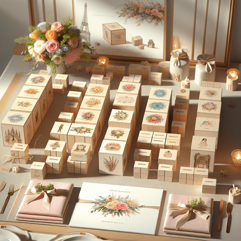 בלוקי עץ מעוצבים עם הדפסות צבעוניות ומילים אישיות מונחים על שולחן אירועים מעוצב, המציג את בלוק העץ כמתנה אישית ייחודית לאירועים.