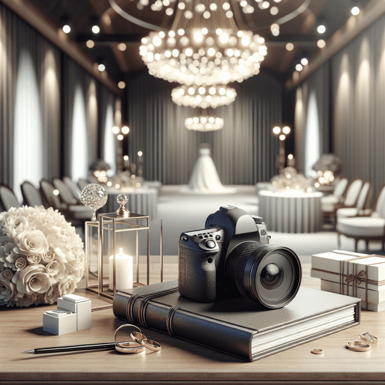 חבילת צילום חתונה מאת מיכאל הצלם – מצלמת DSLR מקצועית, אלבומי תמונות חתונה, טבעות וזר פרחים על שולחן, רקע אולם אירועים יוקרתי. מושלם לתיעוד רגעי חתונה ייחודיים בהתאמה אישית.