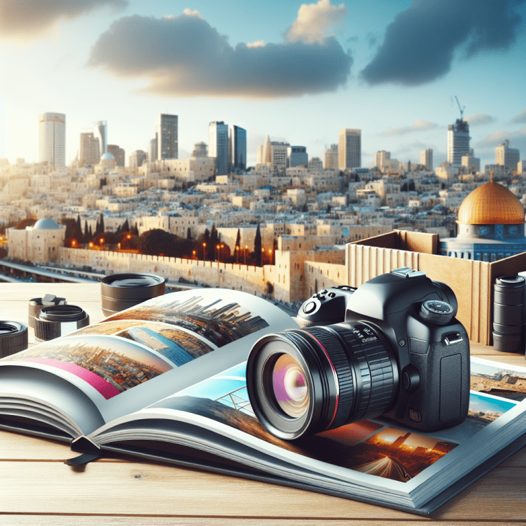 מצלמת DSLR מקצועית מונחת על שולחן עם ספר תמונות פתוח ואלמנטים של עריכת בוק בת מצווה, ברקע נוף עירוני של ירושלים