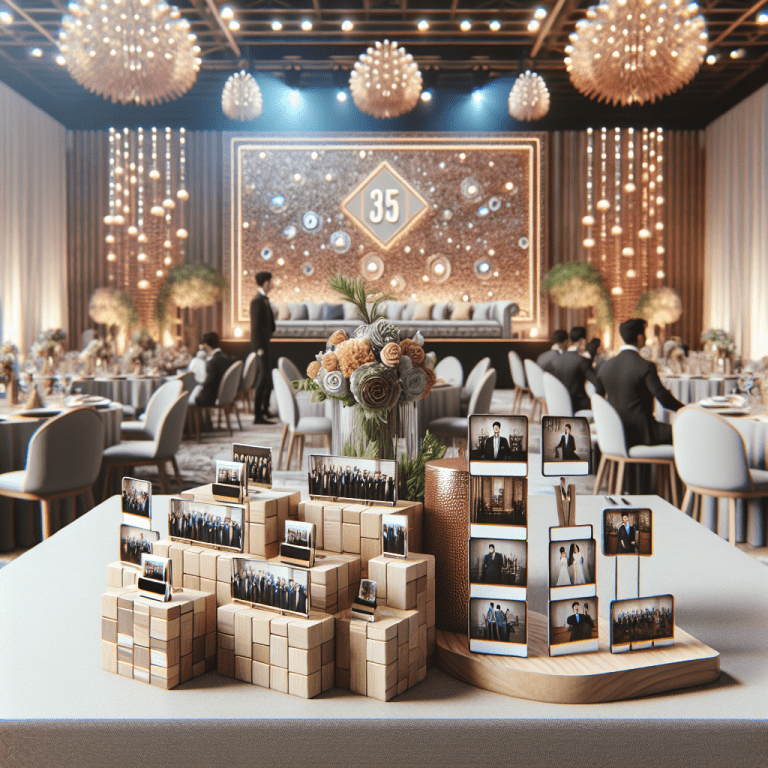 שולחן באירוע חברה מעוצב עם מגנטים ובלוקים מעץ, המשמשים מזכרות ייחודיות, באווירה אלגנטית ומודרנית