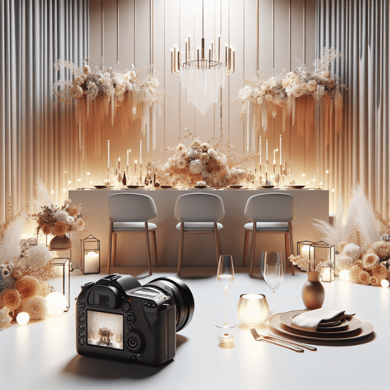 אולם מעוצב בסגנון מודרני לאירוע חתונה קטנה עם שולחן ערוך, עיצוב פרחוני ומצלמת צילום מקצועית, המשקפים את הטרנדים החמים בתחום חתונות קטנות.