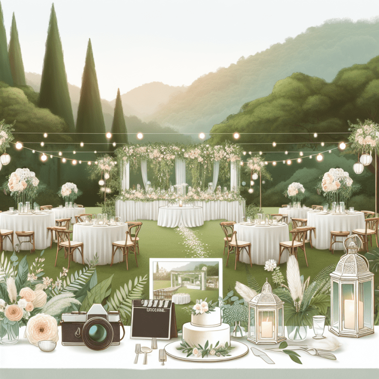 סידור חתונה קטן בטבע הכולל שולחנות לבנים מעוצבים, זרי פרחים, רקע של יער ירוק ומצלמה מקצועית, המשקפים את היתרונות של מיכאל הצלם בחתונות דוקומנטריות קטנות