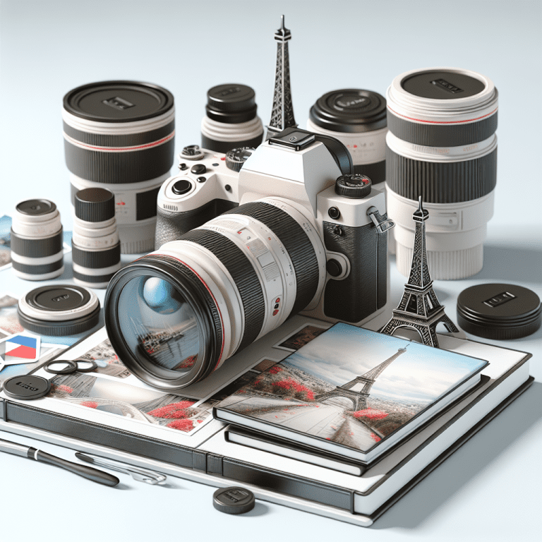 ציוד צילום מקצועי כולל מצלמה דיגיטלית, עדשות ואלבומי תמונות מעוצבים, מוצב על משטח לבן עם נגיעות עדינות של מוטיבים צרפתיים, מדגיש את ההתמחות של מיכאל הצלם כצלם שמדבר צרפתית.