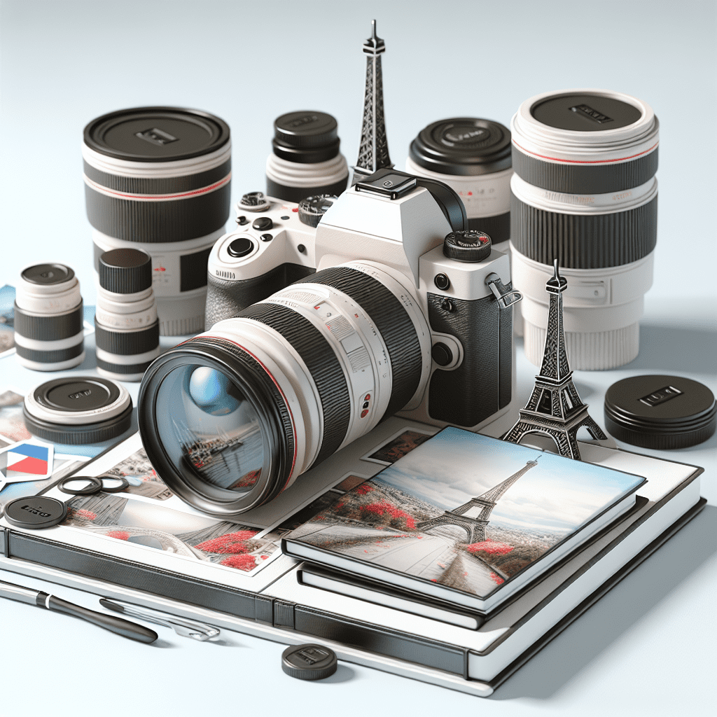 ציוד צילום מקצועי כולל מצלמה דיגיטלית, עדשות ואלבומי תמונות מעוצבים, מוצב על משטח לבן עם נגיעות עדינות של מוטיבים צרפתיים, מדגיש את ההתמחות של מיכאל הצלם כצלם שמדבר צרפתית.