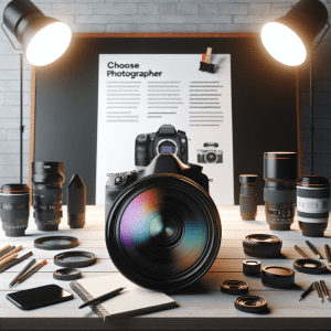 מצלמת DSLR מקצועית ואביזרי צילום מונחים על שולחן, עם פתק טיפים לבחירת צלם סטילס, מסמל מקצועיות וייעוץ של מיכאל הצלם