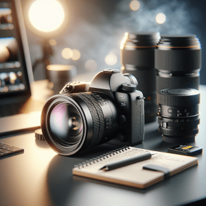 מצלמת DSLR מקצועית על שולחן יחד עם עדשות, כרטיסי זיכרון ופנקס טיפים לצילום סטילס, באווירה מודרנית ומעוצבת – תיאור ויזואלי למאמר עם הסודות של מיכאל הצלם שישדרגו כל צלם סטילס