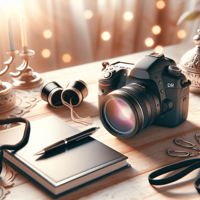 מצלמת DSLR מקצועית לצד אלבום תמונות, עט, תפילין וסידור – צילום סמלי לאירוע עליה לתורה באיכות גבוהה על ידי צלם מקצועי