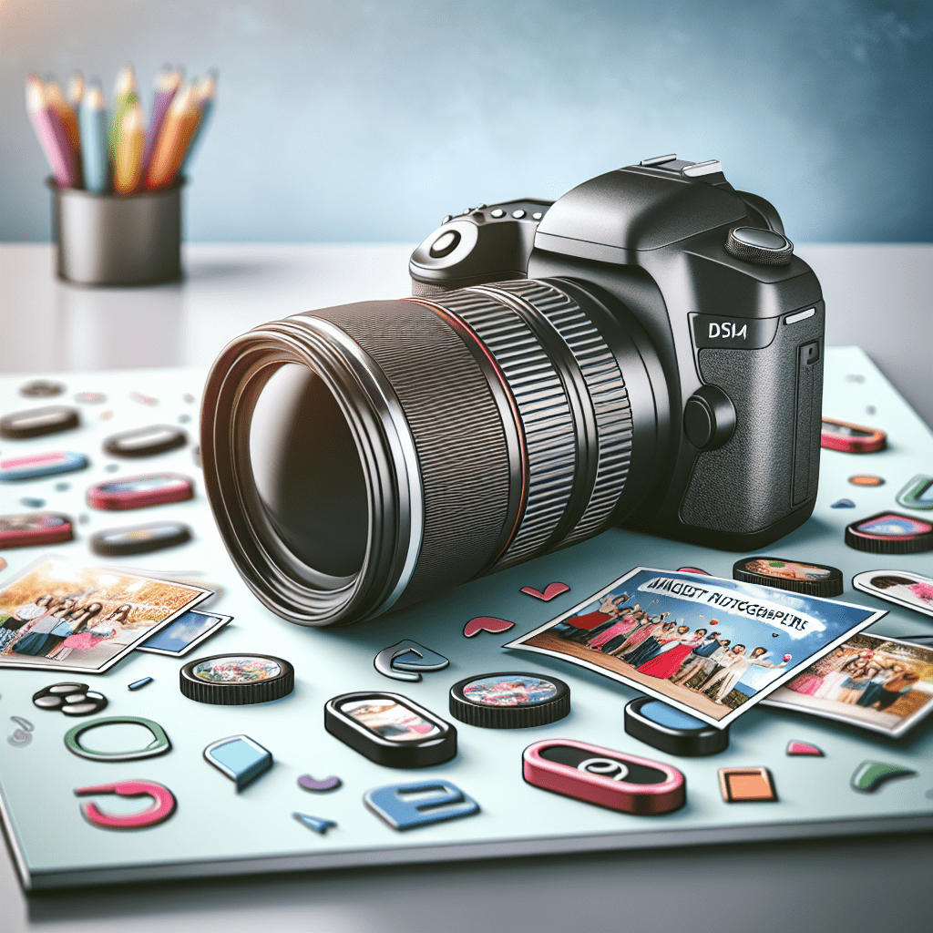 מצלמת DSLR מקצועית ומגנטים מעוצבים וצבעוניים מונחים על שולחן, המייצגים את עבודת צלם המגנטים והשירותים של מיכאל הצלם.