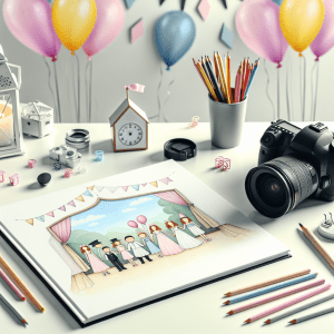 אביזרי צילום, מצלמת DSLR מקצועית ואלבום בת מצווה מעוצב מונחים על שולחן, עם בלונים צבעוניים ברקע – המחשה של צילומי בת מצווה מקצועיים ובחירת צלם לאירוע