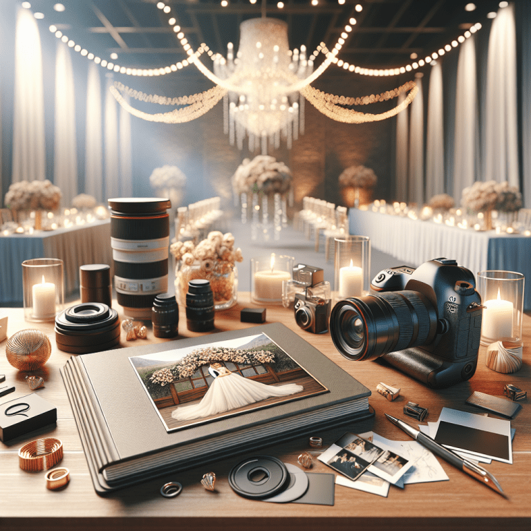 מצלמת DSLR מקצועית ואביזרי צילום בצד אלבום חתונה פתוח, מסמלים את בחירת צלם חתונות נכון לאירוע מושלם