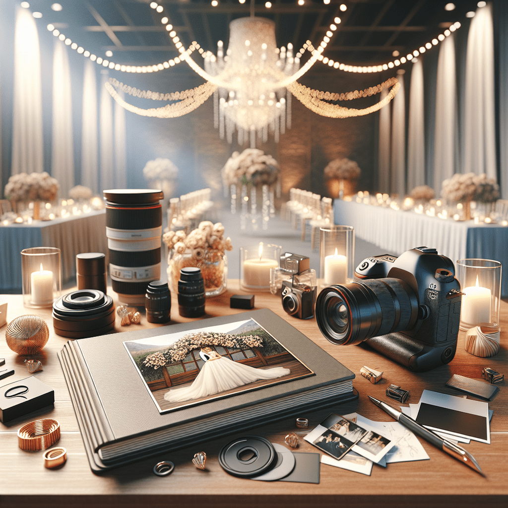 מצלמת DSLR מקצועית ואביזרי צילום בצד אלבום חתונה פתוח, מסמלים את בחירת צלם חתונות נכון לאירוע מושלם