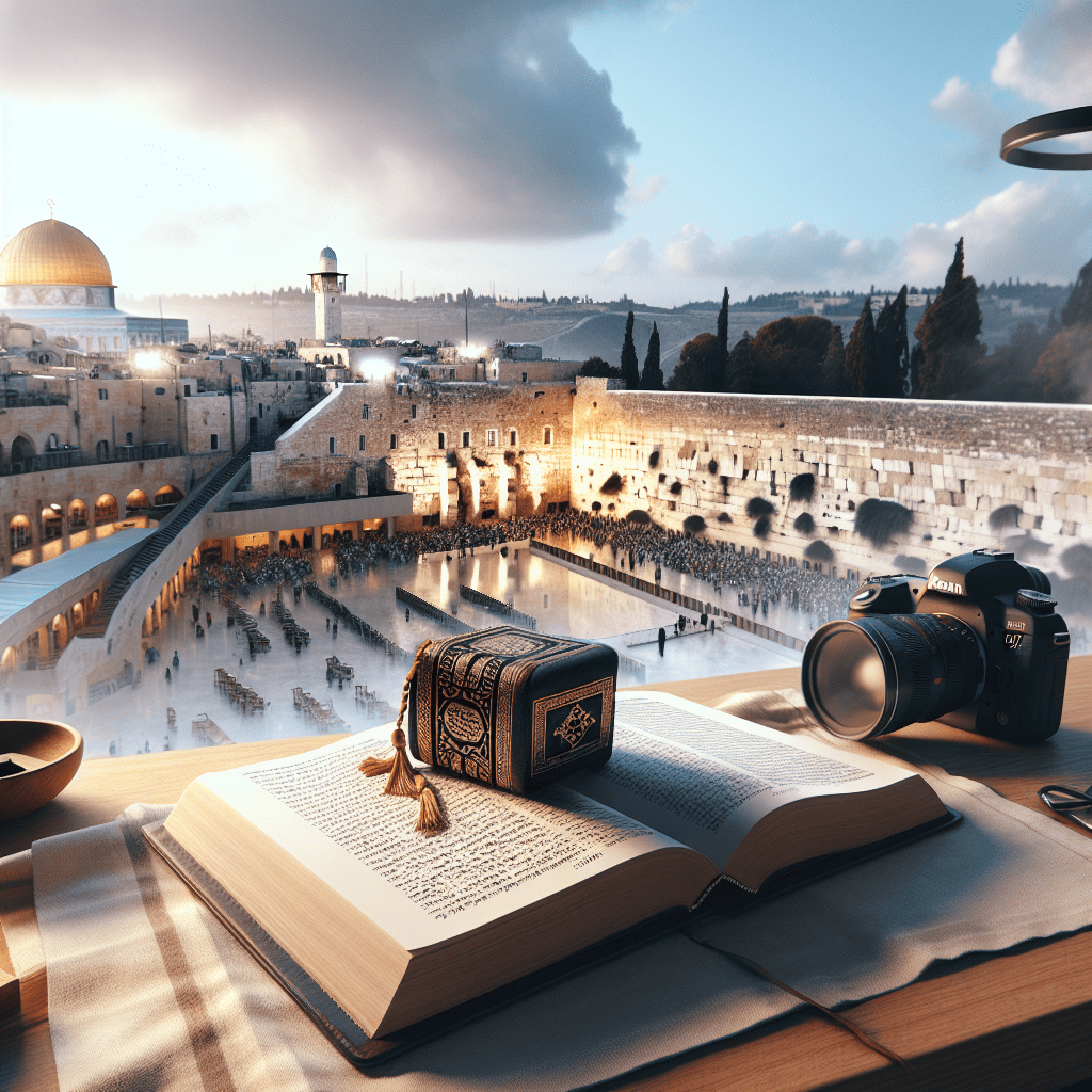 תפילין וסידור מונחים ליד מצלמה מקצועית על רקע רחבת הכותל המערבי, סמל לתיעוד מקצועי של בר מצווה בכותל על ידי מיכאל הצלם.