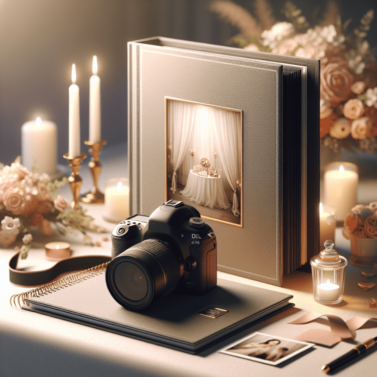 מצלמת DSLR מקצועית מונחת ליד אלבום תמונות מעוצב, מוקפת באלמנטים מעוצבים של אירוע קטן כמו נרות ופרחים. תמונה המדגישה את בחירת הצלם המתאים לאירועים קטנים.