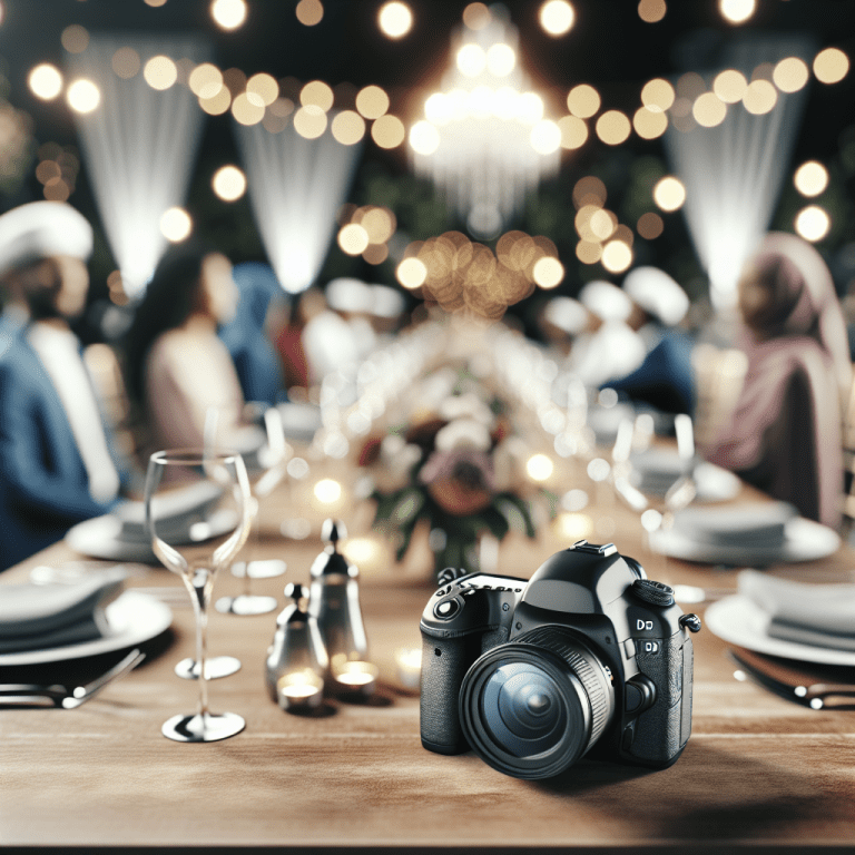 מצלמת DSLR מקצועית מונחת על שולחן מקושט באירוע קטן עם תאורה חמה וקישוטים, מייצגת צילום אירועים קטנים בלתי נשכח על ידי מיכאל הצלם