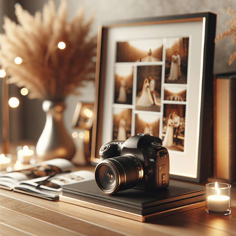 מצלמת DSLR מקצועית ומסביב אלבומי תמונות ומסגרת דיגיטלית, מבליטים את ההתמקדות בצלם אירועים קטנים ובאיכות העבודה של מיכאל הצלם