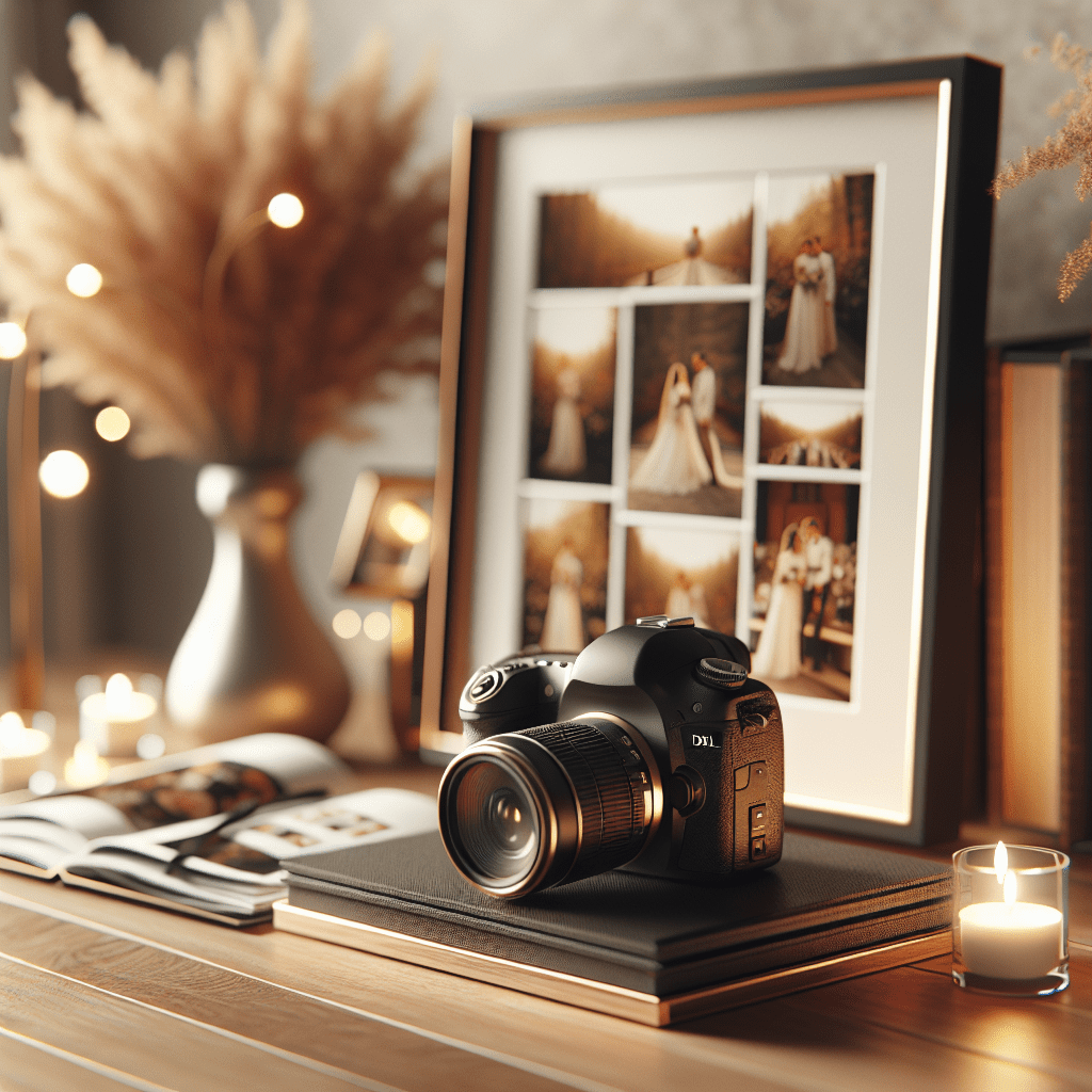 מצלמת DSLR מקצועית ומסביב אלבומי תמונות ומסגרת דיגיטלית, מבליטים את ההתמקדות בצלם אירועים קטנים ובאיכות העבודה של מיכאל הצלם