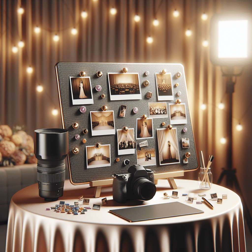 לוח מגנטי מודרני מלא בתמונות אירועים צבעוניות ומגנטים ייחודיים, ליד ציוד צילום מקצועי, הממחיש את חשיבות בחירת צלם מגנטים מומלץ כמו מיכאל הצלם לאירוע.
