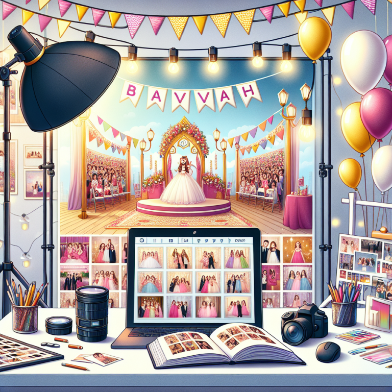 סטודיו צילום מודרני הכולל ציוד צילום מקצועי, אלבום פתוח עם תמונות בת מצווה צבעוניות ובלונים חגיגיים, הממחישים את תחום צילום בת מצווה וצלם אירועים.
