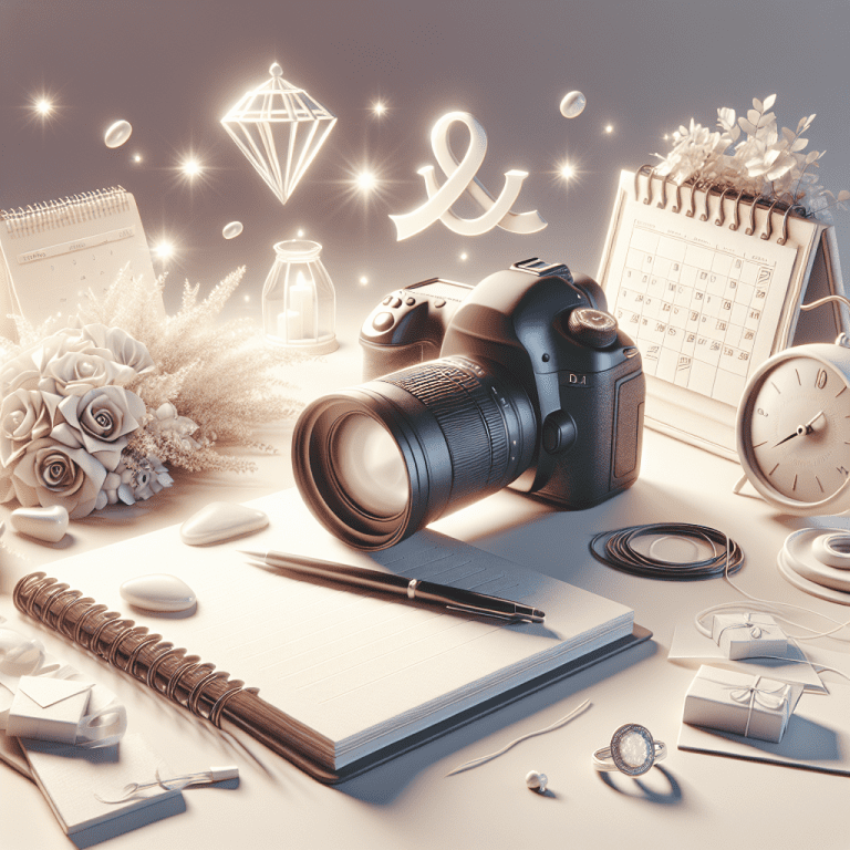 מצלמת DSLR איכותית לצד מחברת, עט ולוח שנה, מוקפים בפרחים לבנים וטבעת נישואין – מסמלים תכנון והכנות לבחירת צלם חתונות דתי