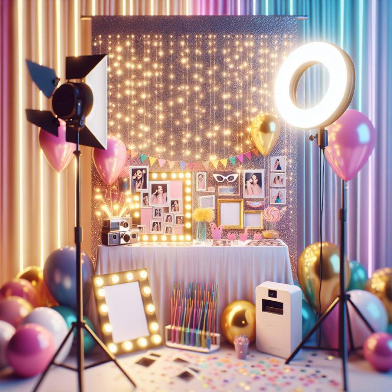 עמדת צילום לאירועים מעוצבת עם מצלמה מקצועית, אביזרי צילום מגוונים ומדפסת מגנטים, מוכנה לשימוש בחגיגה – פתרון שמציע מיכאל הצלם ליצירת זיכרונות ייחודיים מהאירוע