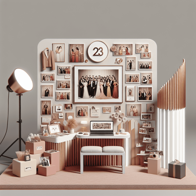 עמדת צילום לאירועים עם אביזרים חדשניים, תאורה מקצועית ורקע מעוצב, המציגה את השירות הייחודי של מיכאל הצלם לשדרוג חווית האורחים