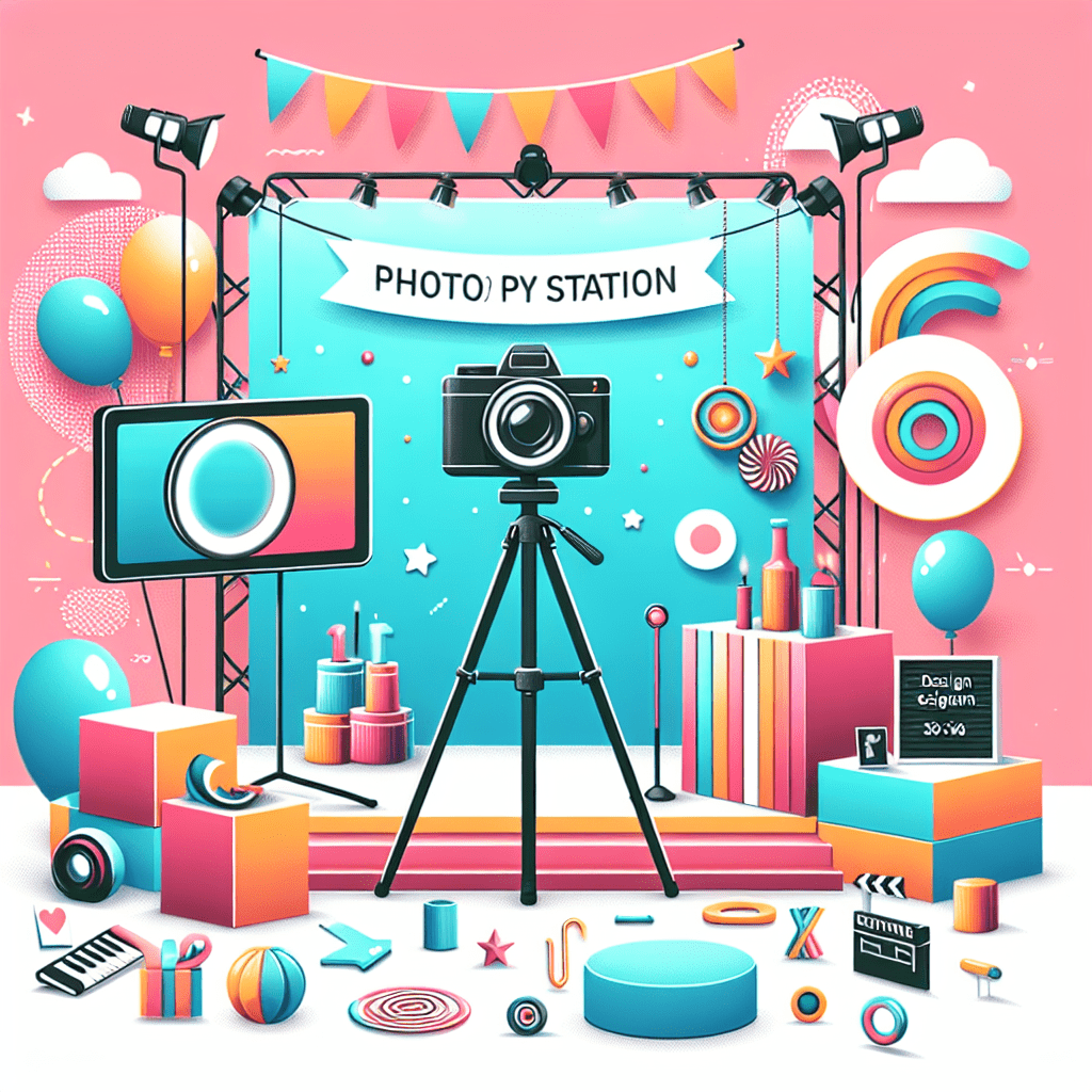 עמדת צילום לאירועים מעוצבת בסגנון מודרני עם מצלמה מקצועית, אביזרים ותאורה, כפי שמציע מיכאל הצלם.