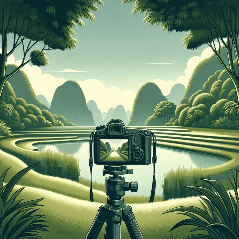 עמדת צילום מקצועית עם מצלמה על חצובה בטבע ירוק, מוקפת בנוף מרהיב, המדגימה את הדרך לבחירת עמדת צילום בטבע לפי העצות של מיכאל הצלם