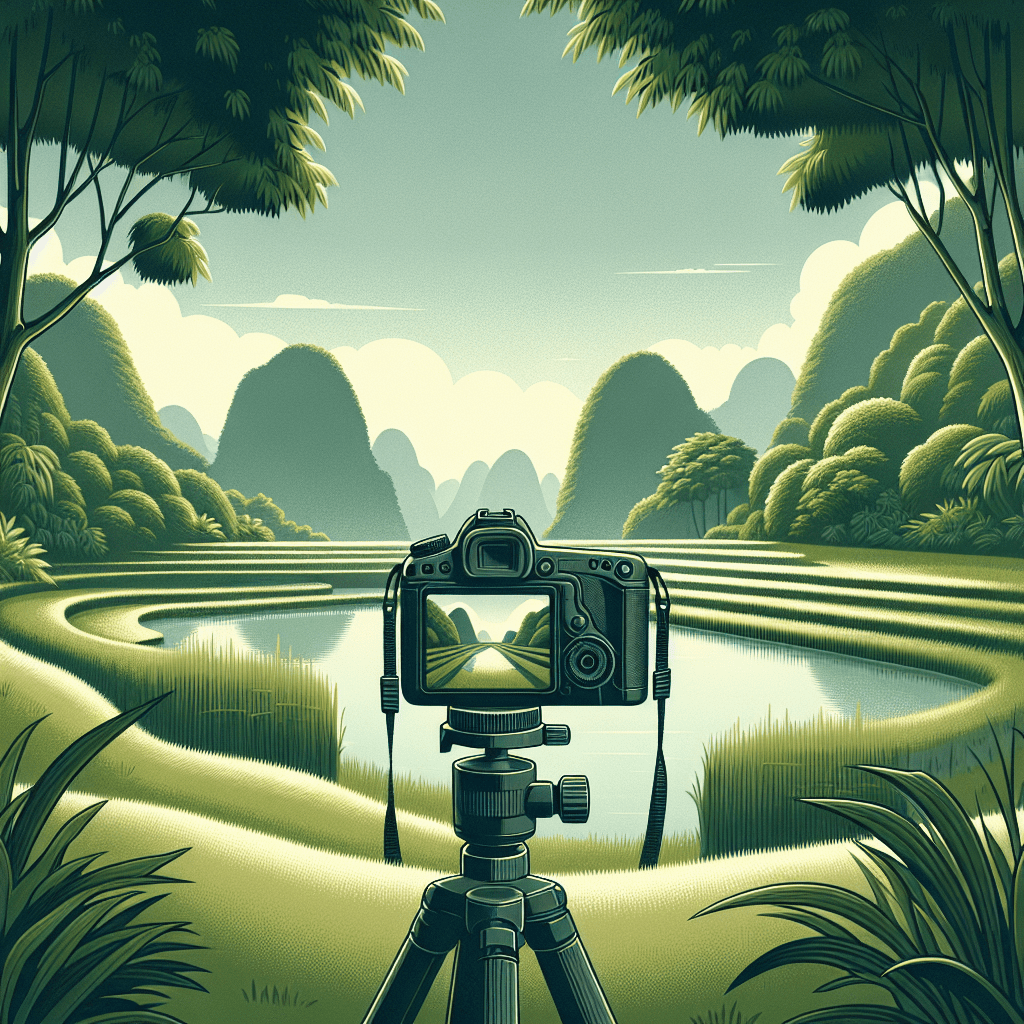 עמדת צילום מקצועית עם מצלמה על חצובה בטבע ירוק, מוקפת בנוף מרהיב, המדגימה את הדרך לבחירת עמדת צילום בטבע לפי העצות של מיכאל הצלם