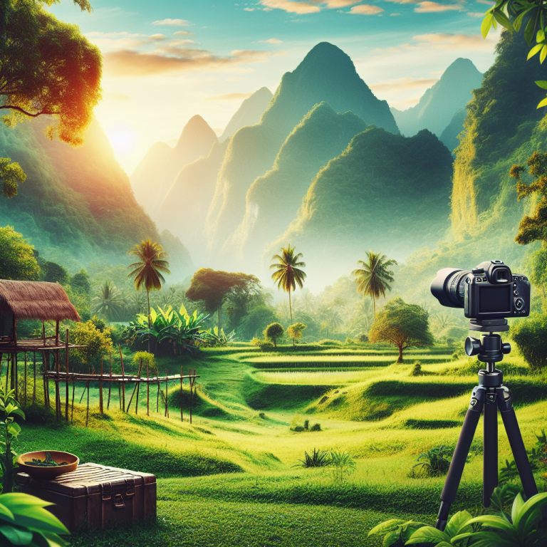 עמדת צילום מקצועית עם מצלמה על חצובה בטבע, מוקפת בנוף ירוק והרים, המדגימה צילום אירועים ועבודתו של מיכאל הצלם תחת כיפת השמים