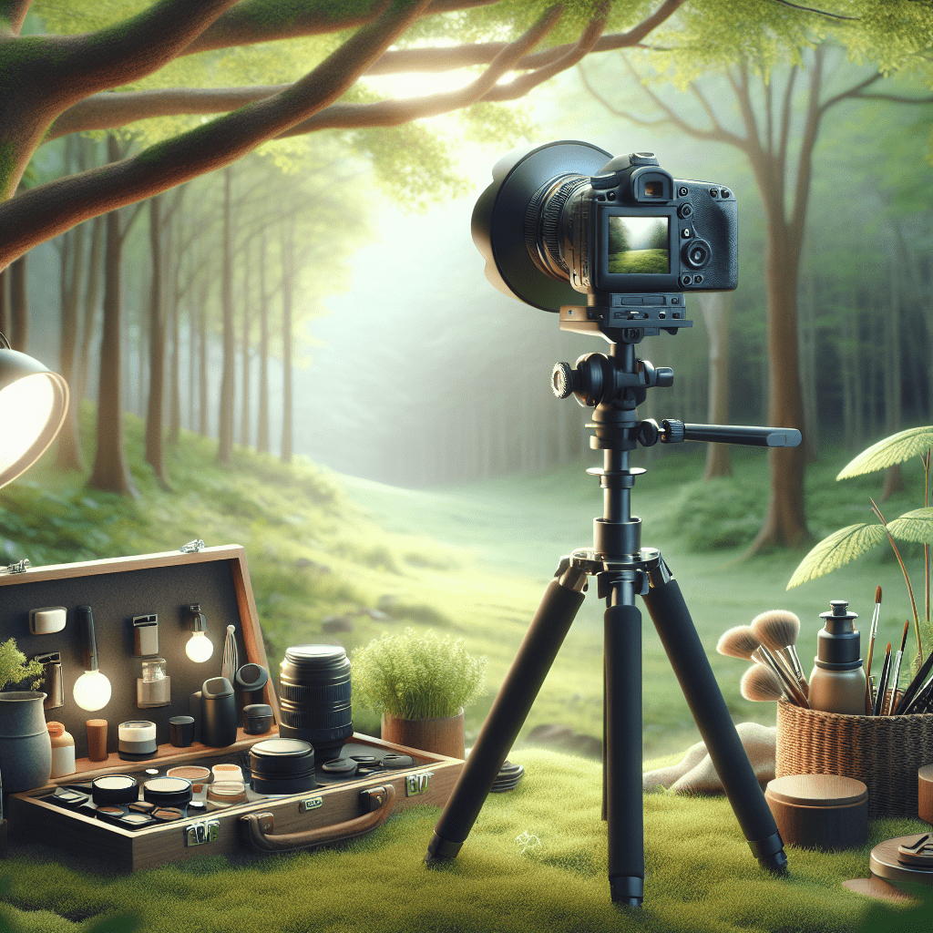 עמדת צילום מקצועית בטבע עם חצובה, מצלמה וציוד צילום על רקע יער ירוק – מבטאת את המדריך של מיכאל הצלם וטיפים לצילום טבע.