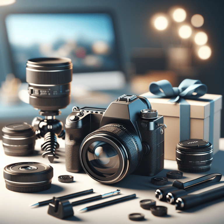 מצלמת DSLR מקצועית עם אביזרי צילום וקופסת מתנה על שולחן, מסמלים צילום מקצועי לאירוע ברית מילה