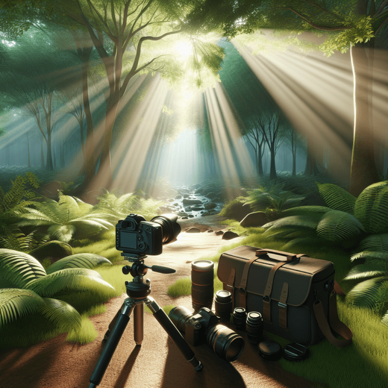 ציוד צילום מקצועי בפריסת שטח ביער ירוק עם קרני שמש, מייצג טיפים לצילום ביער עם מיכאל הצלם בטבע