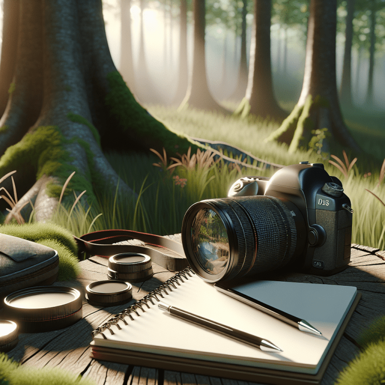 מצלמת DSLR ומספר אביזרי צילום מונחים על גזע עץ בלב יער ירוק, ברקע אור טבעי וחפצים המעידים על צילום מקצועי בטבע עם צלם חרדי